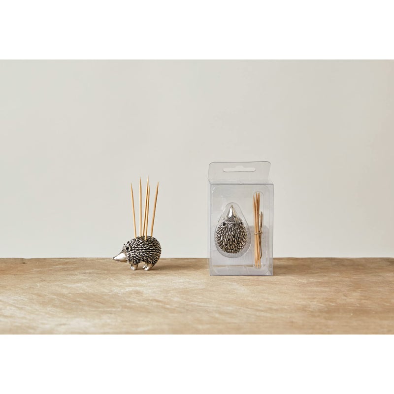 Creative Co-Op Hedgehog Toothpick Holder with Toothpicks, Silver - Image 2